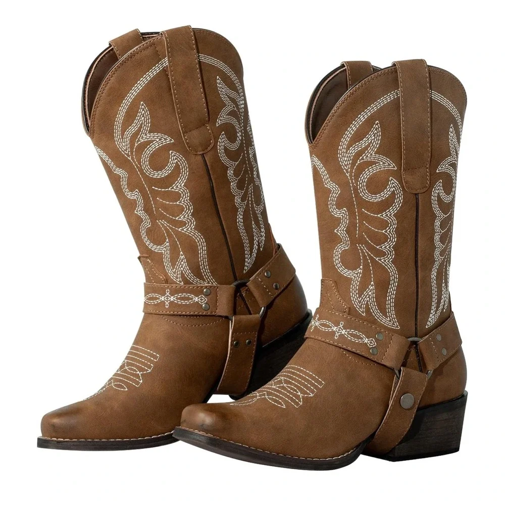 J's.o.l.e W Square Toe Cowgirl Boots Mid Calf w Fashion Buckle Strap